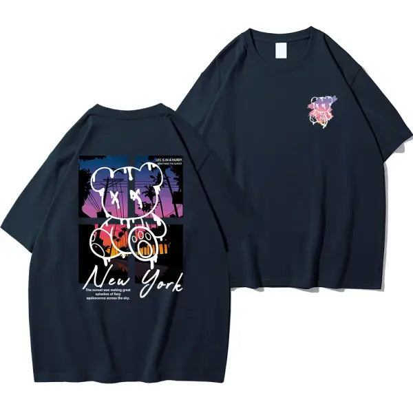 Men’s New York Oversized Graphic Tee – Cartoon Bear Sunset Scenery Design Premium Cotton Streetwear Fashion Loose Fit