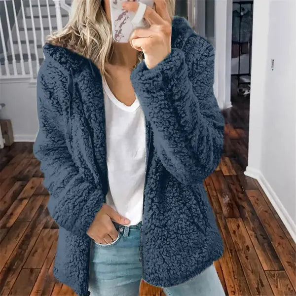 Winter Women’s Fleece Jacket – Thick Warm Zipper Hooded Coat Long-Sleeve Loose Style - Blue / XXL
