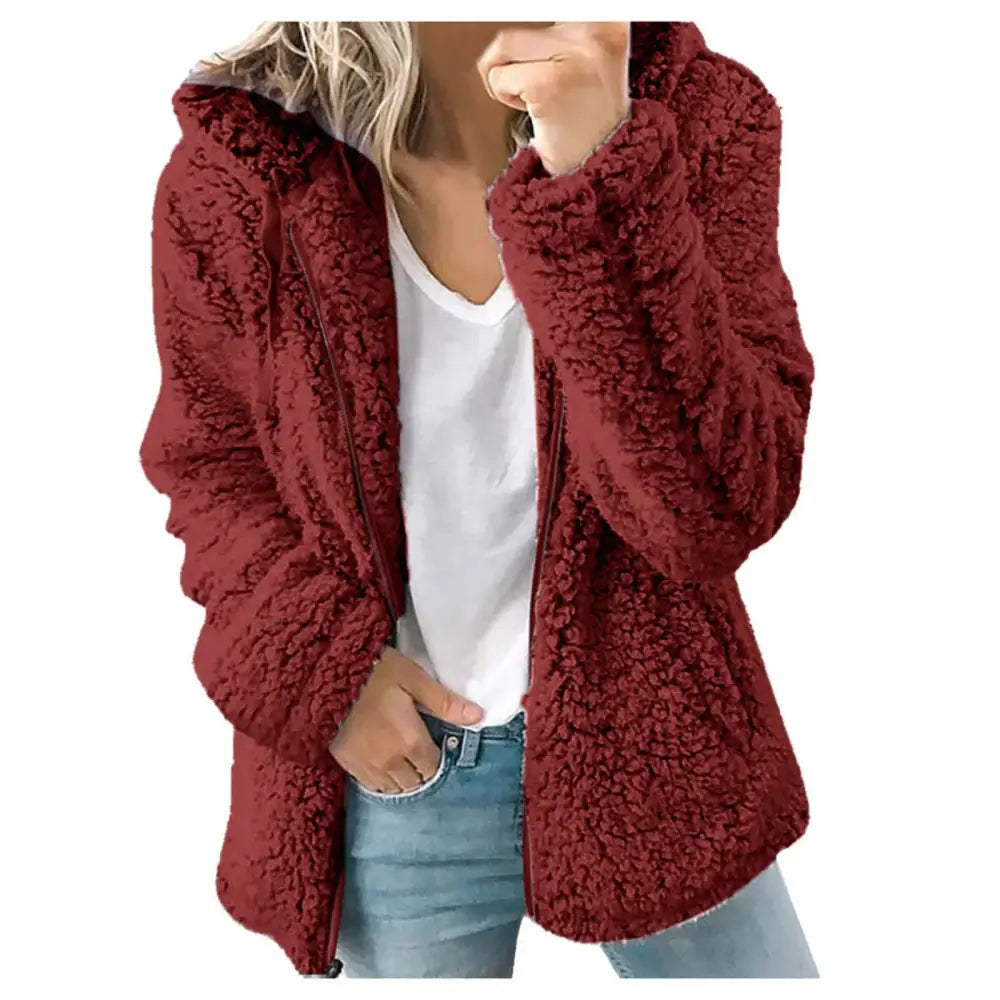 New Zipper Hooded Thicken Warm Coat Woman Solid Fleece Jackets Long Sleeved Loose Coats Female Winter Ladies New