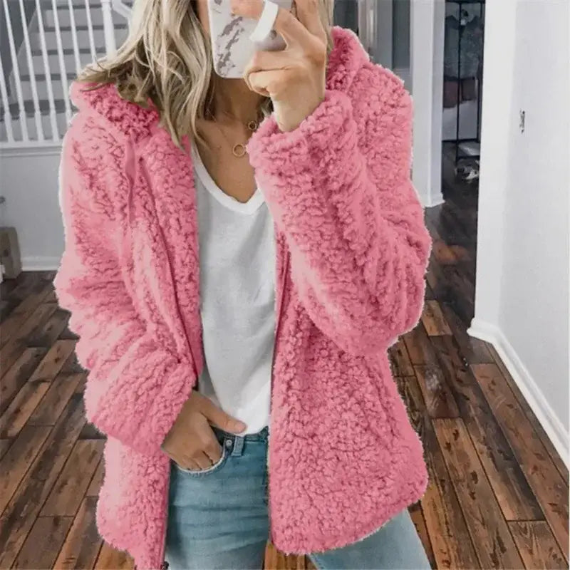 New Zipper Hooded Thicken Warm Coat Woman Solid Fleece Jackets Long Sleeved Loose Coats Female Winter Ladies New