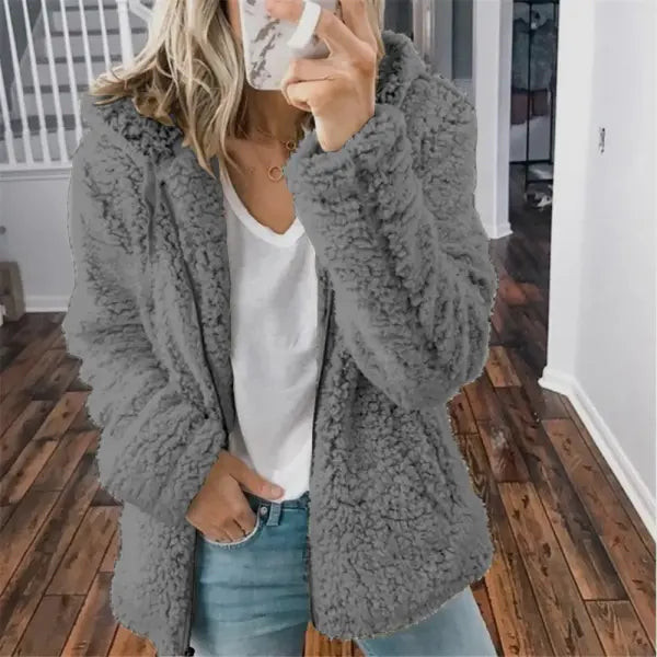 Winter Women’s Fleece Jacket – Thick Warm Zipper Hooded Coat Long-Sleeve Loose Style - Dark Grey / S