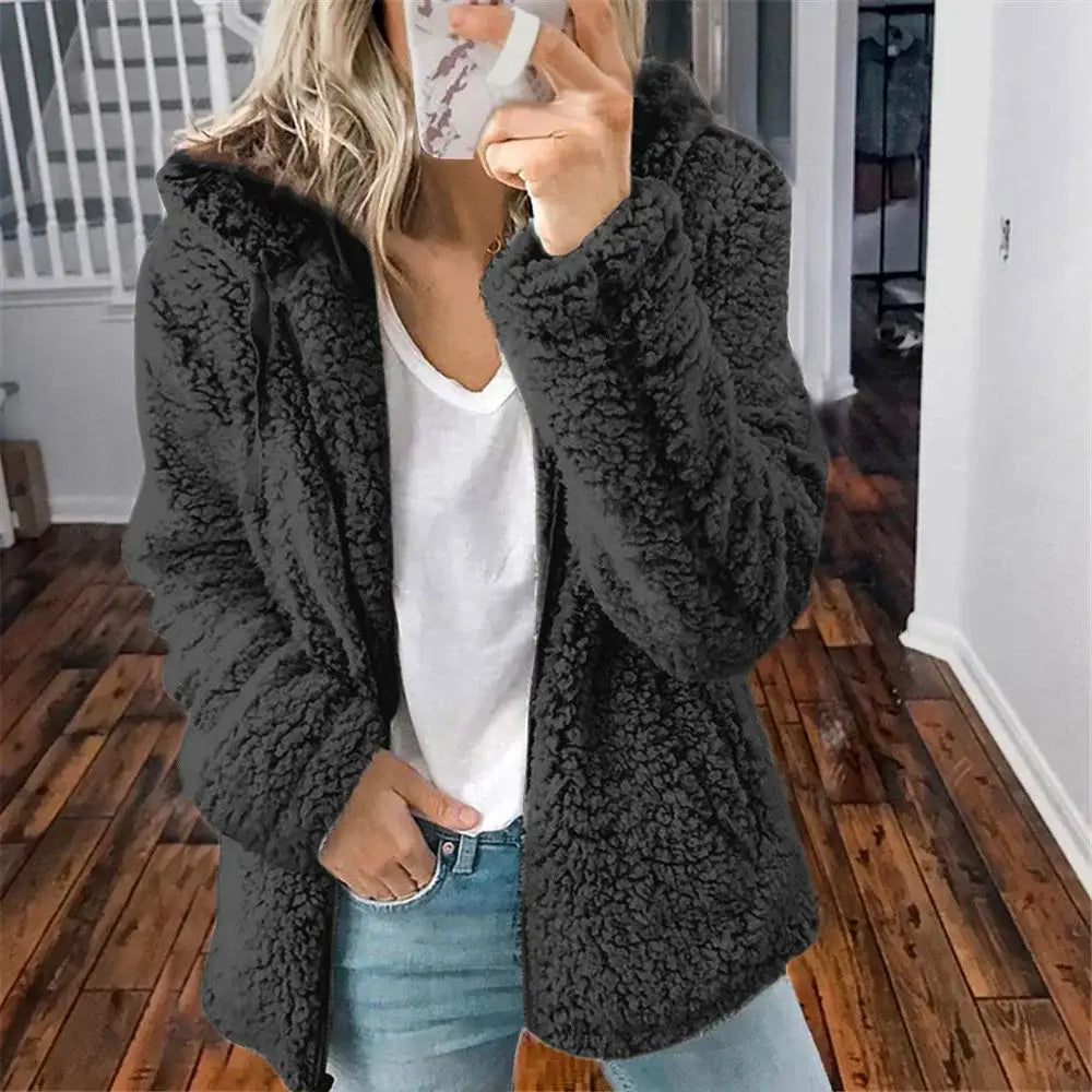 New Zipper Hooded Thicken Warm Coat Woman Solid Fleece Jackets Long Sleeved Loose Coats Female Winter Ladies New