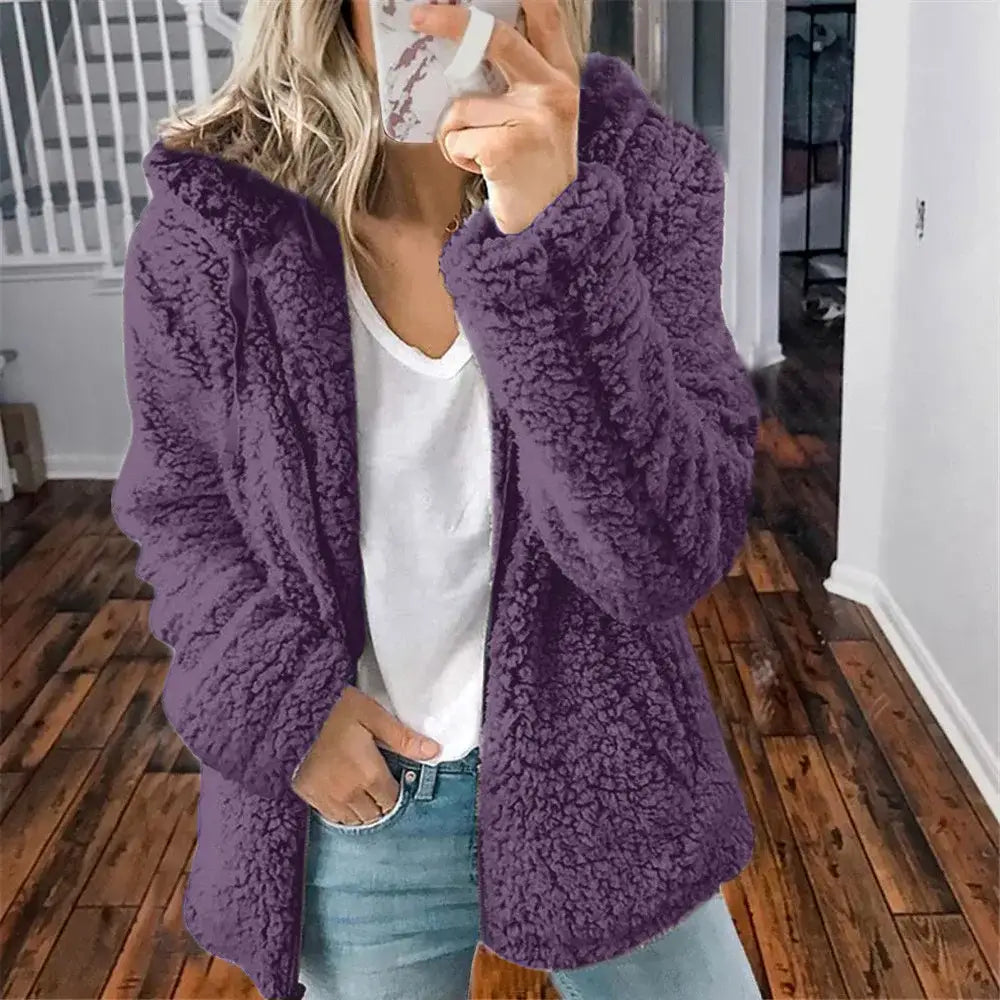 New Zipper Hooded Thicken Warm Coat Woman Solid Fleece Jackets Long Sleeved Loose Coats Female Winter Ladies New