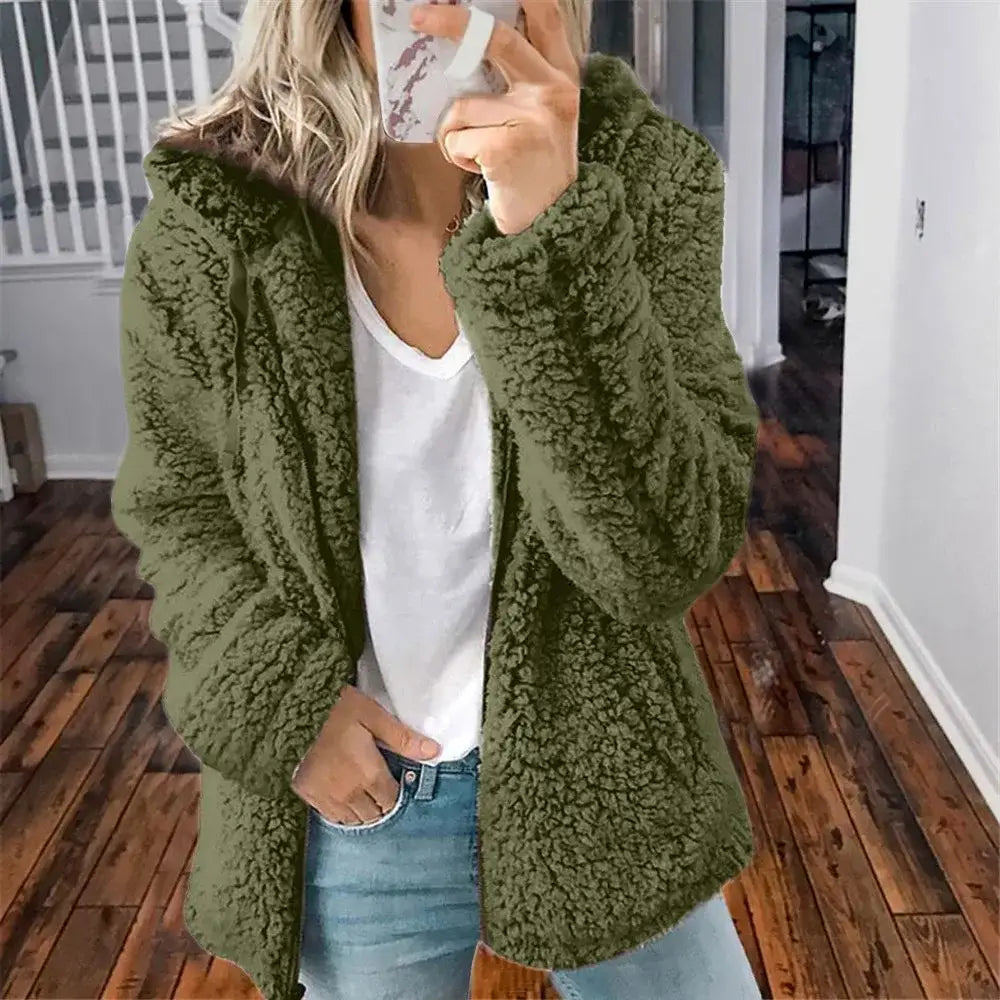 New Zipper Hooded Thicken Warm Coat Woman Solid Fleece Jackets Long Sleeved Loose Coats Female Winter Ladies New