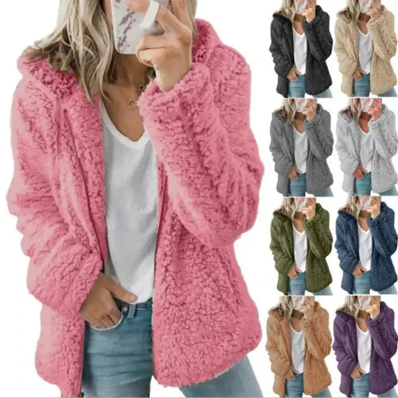 New Zipper Hooded Thicken Warm Coat Woman Solid Fleece Jackets Long Sleeved Loose Coats Female Winter Ladies New