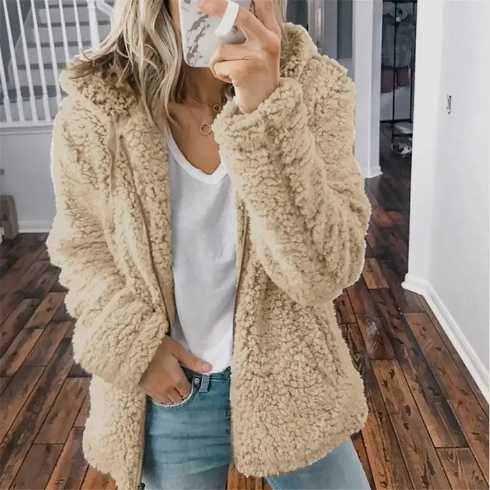 New Zipper Hooded Thicken Warm Coat Woman Solid Fleece Jackets Long Sleeved Loose Coats Female Winter Ladies New