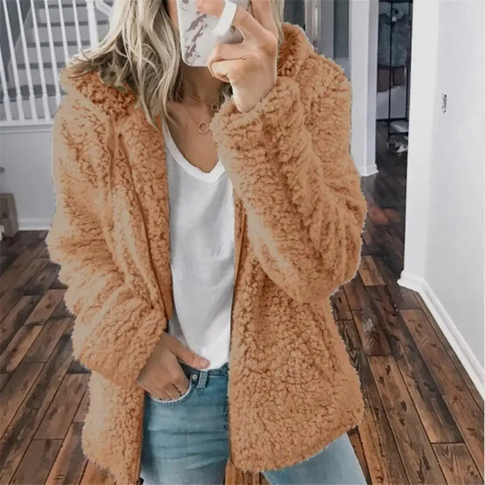 New Zipper Hooded Thicken Warm Coat Woman Solid Fleece Jackets Long Sleeved Loose Coats Female Winter Ladies New