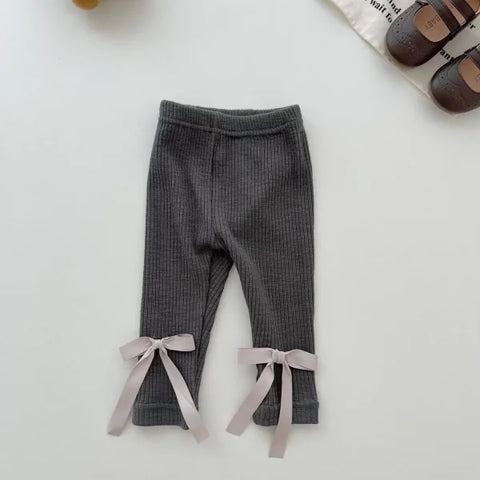 Newborn Baby Girl Bow Leggings – Slim Cotton Pants for Spring & Autumn (0–2 Years) - Dark Grey / 80 (6 to 12M) / CHINA
