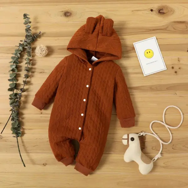 Newborn Baby Hooded Romper – Cute Ears Solid Long Sleeve Bodysuit (0–18 Months) Autumn & Winter Outfit