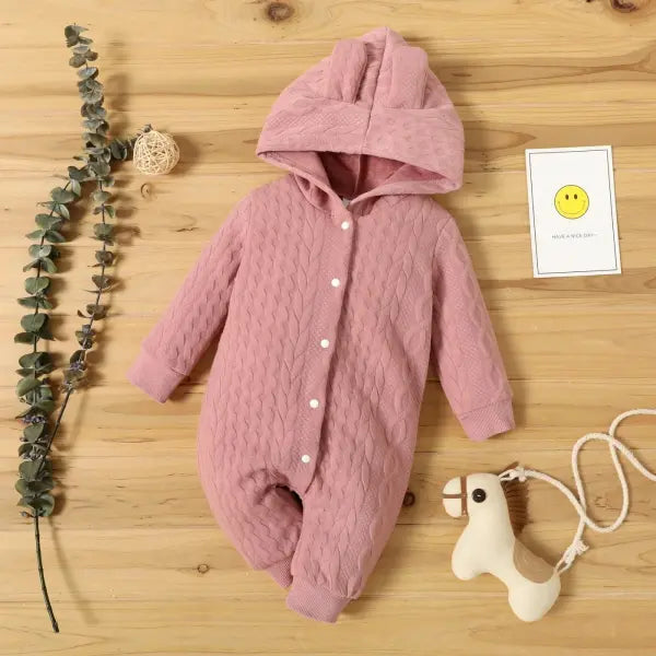 Newborn Baby Hooded Romper – Cute Ears Solid Long Sleeve Bodysuit (0–18 Months) Autumn & Winter Outfit - 22109809 / 0-3M