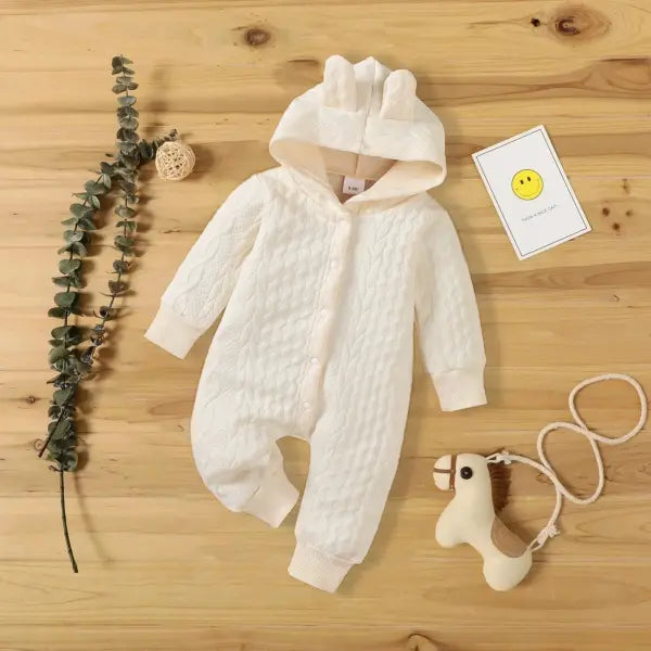 Newborn Baby Hooded Romper – Cute Ears Solid Long Sleeve Bodysuit (0–18 Months) Autumn & Winter Outfit - 22109809-3