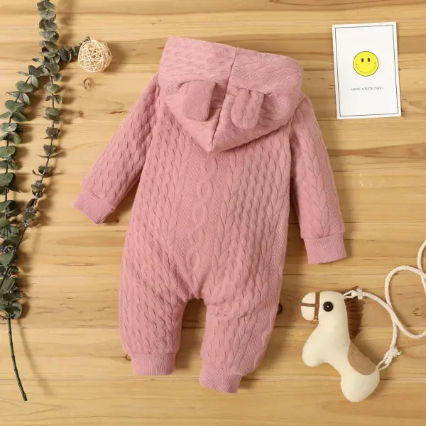 Newborn Baby Hooded Romper – Cute Ears Solid Long Sleeve Bodysuit (0–18 Months) Autumn & Winter Outfit