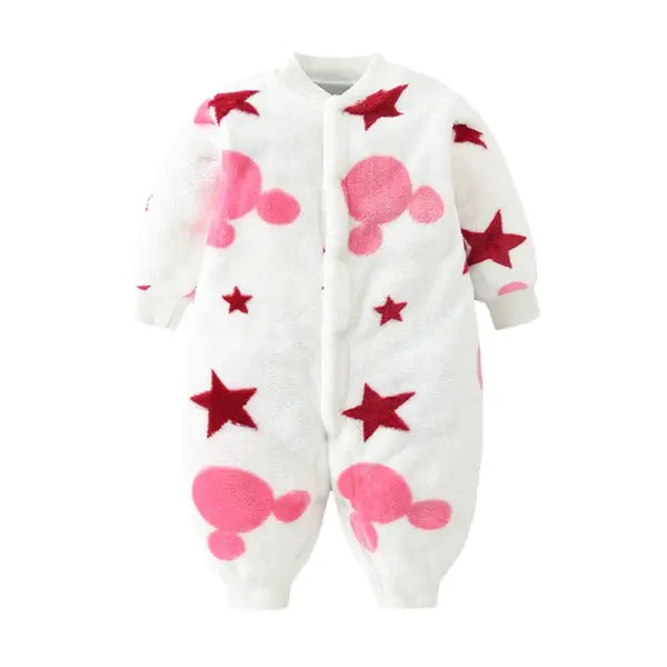 Soft Flannel Baby Romper – Warm Spring/Winter Jumpsuit Jacket for Newborn Boys & Girls (0–18M) - Pink Star / 9M