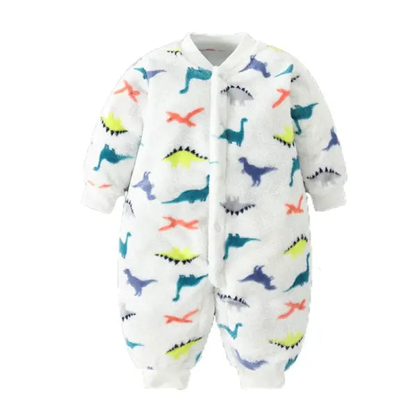 Soft Flannel Baby Romper – Warm Spring/Winter Jumpsuit Jacket for Newborn Boys & Girls (0–18M) - White Dinosaur / 3M
