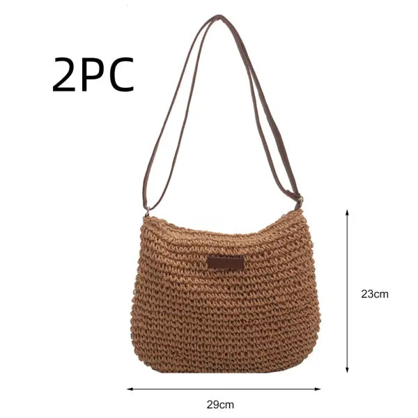 Niche Design Vacation Straw Tote Bag Handcrafted Summer Accessory - Khaki / 2PCS - None