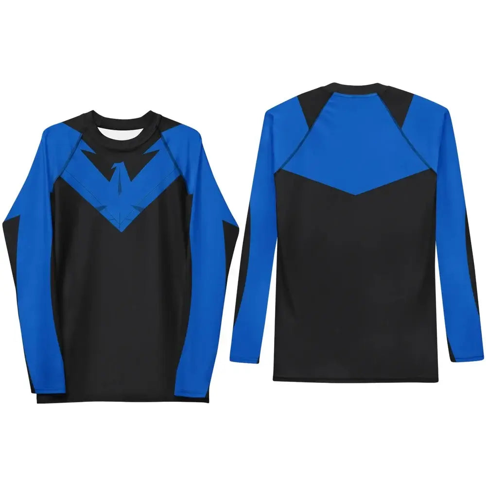 Blue and black polyester nightwing compression shirt with stylized bat emblem for athletic training and gym use