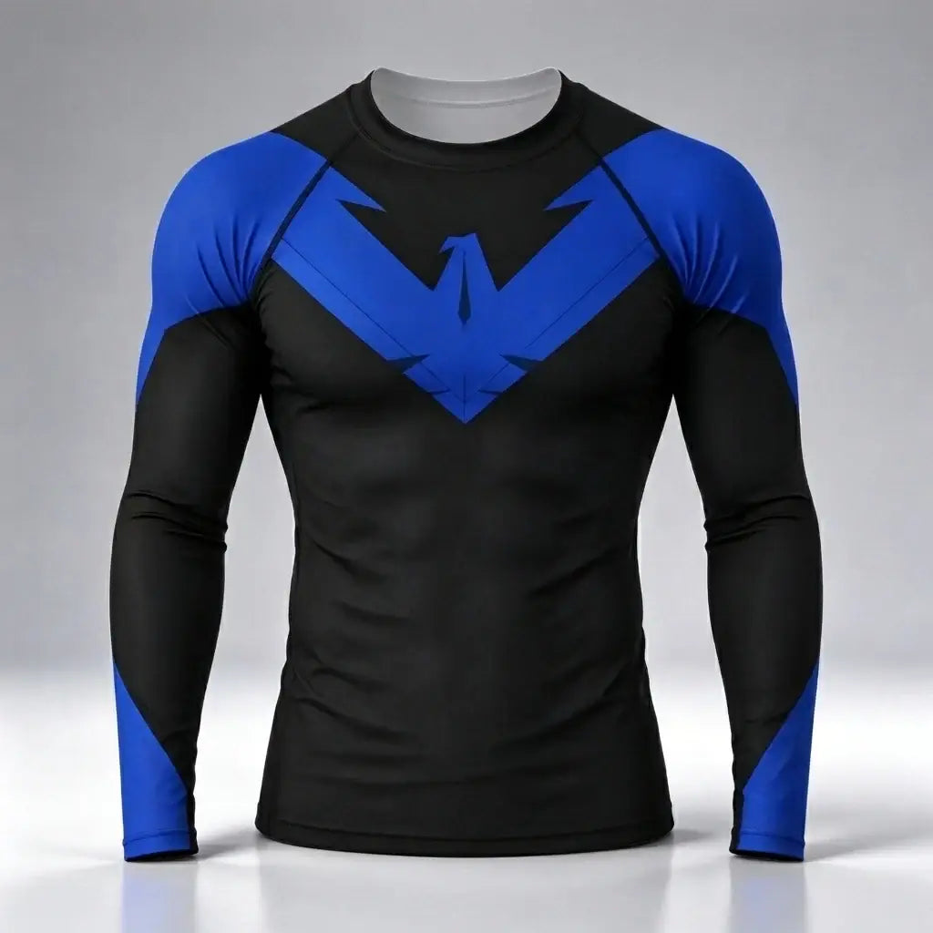 Black and blue polyester compression shirt with bold nightwing logo for athletic training kids and adults