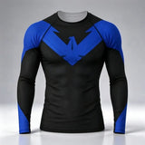 Black and blue polyester compression shirt with bold nightwing logo for athletic training kids and adults
