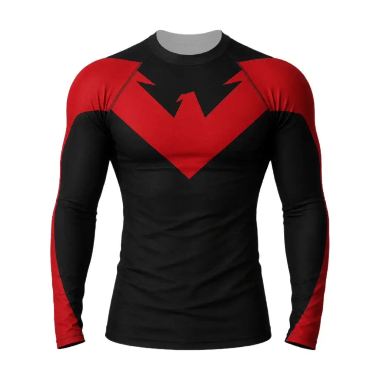 Black and red long-sleeved polyester compression shirt with bold bat emblem for athletic training and gym use
