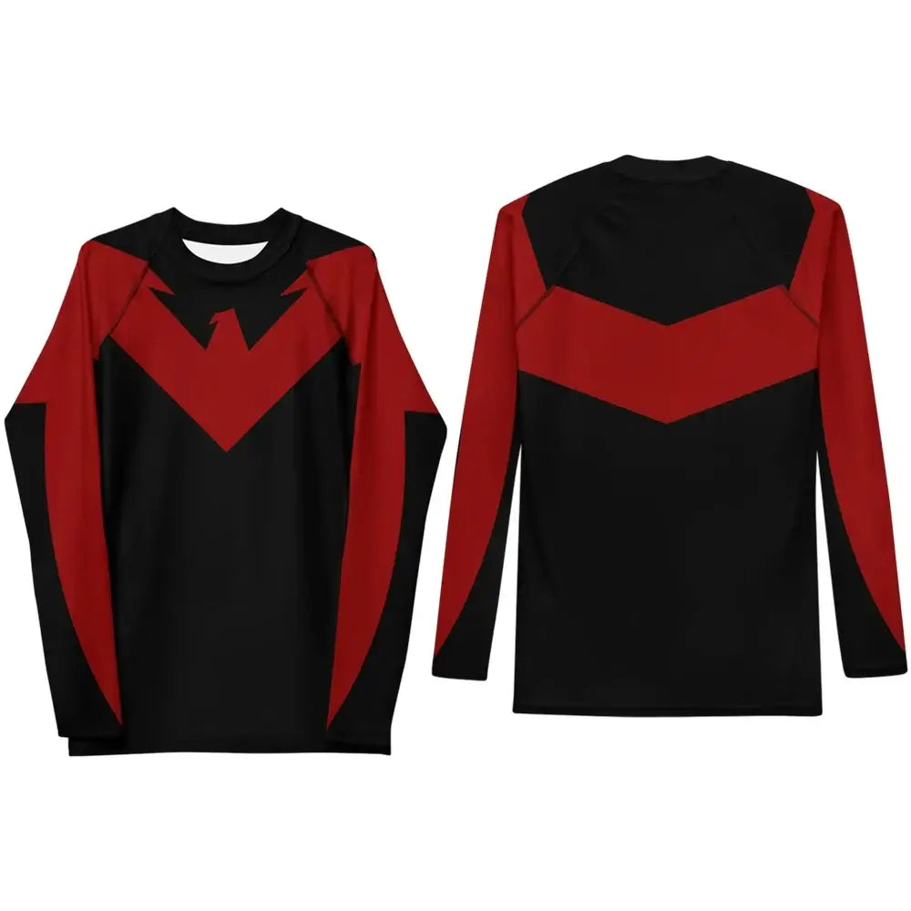 Black and red polyester compression shirt with v-shaped emblem designed for athletic training and gym use