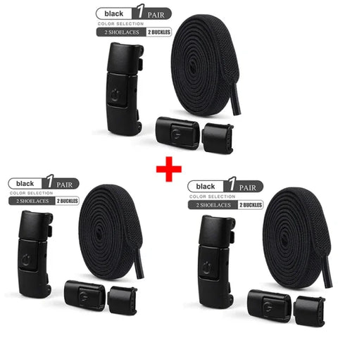 No Tie Elastic Shoe Laces – 8mm Flat Press Lock Shoelaces - 3Pairs-Black / 100cm