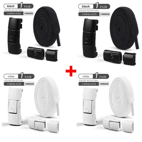 No Tie Elastic Shoe Laces – 8mm Flat Press Lock Shoelaces - 2Black-2White / 100cm