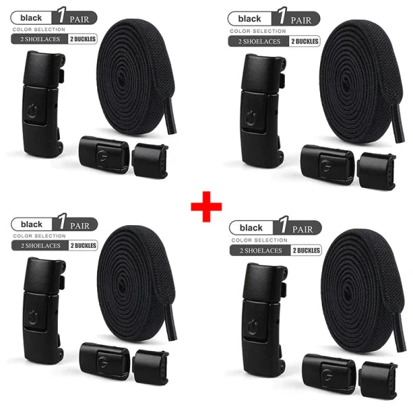 No Tie Elastic Shoe Laces – 8mm Flat Press Lock Shoelaces - 4Pairs-Black / 100cm