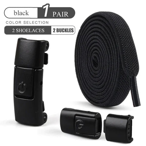 No Tie Elastic Shoe Laces – 8mm Flat Press Lock Shoelaces - Black / 100cm