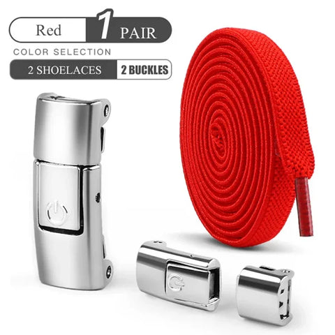 No Tie Elastic Shoe Laces – 8mm Flat Press Lock Shoelaces - Red / 100cm