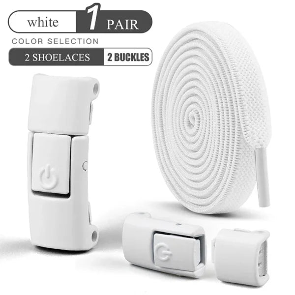 No Tie Elastic Shoe Laces – 8mm Flat Press Lock Shoelaces - White / 100cm