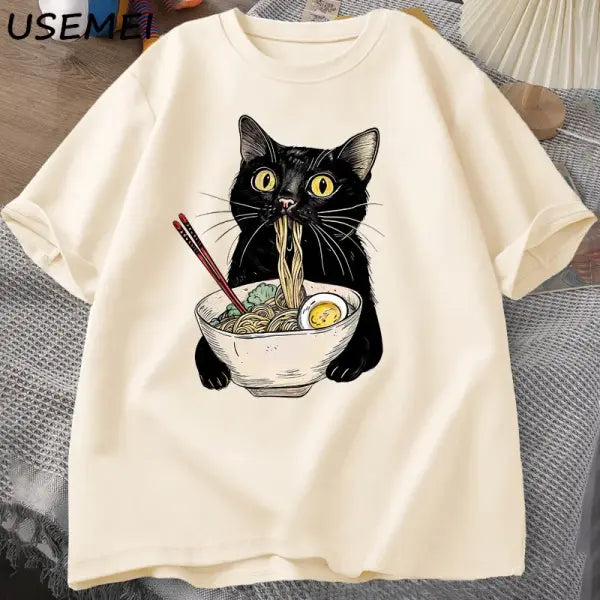 Noodle Ramen Cat T-Shirt Foodie Lover T Shirts Black Cat Noodle T-Shirts Retro Casual Short Sleeve Tshirt for Men Women