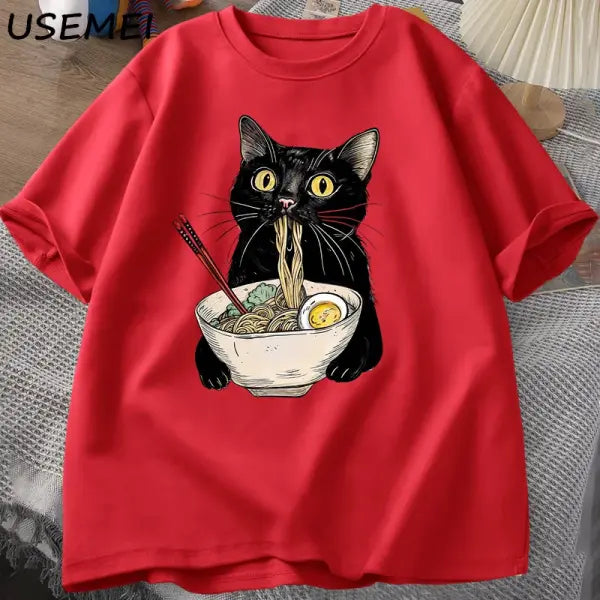 Noodle Ramen Cat T-Shirt Foodie Lover T Shirts Black Cat Noodle T-Shirts Retro Casual Short Sleeve Tshirt for Men Women