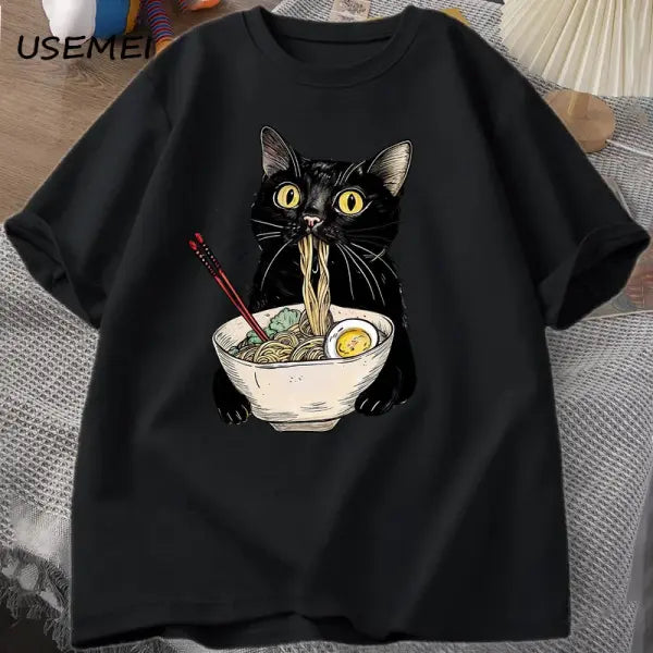 Noodle Ramen Cat T-Shirt Foodie Lover T Shirts Black Cat Noodle T-Shirts Retro Casual Short Sleeve Tshirt for Men Women