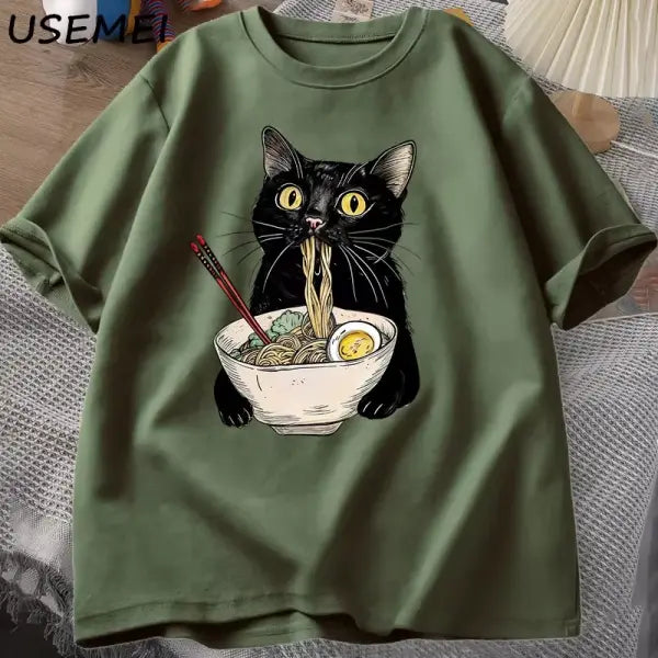 Noodle Ramen Cat T-Shirt Foodie Lover T Shirts Black Cat Noodle T-Shirts Retro Casual Short Sleeve Tshirt for Men Women