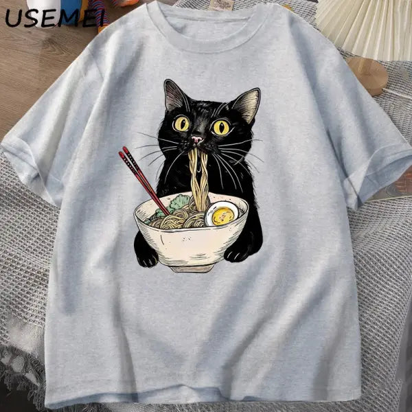 Noodle Ramen Cat T-Shirt Foodie Lover T Shirts Black Cat Noodle T-Shirts Retro Casual Short Sleeve Tshirt for Men Women