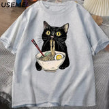 Noodle Ramen Cat T-Shirt Foodie Lover T Shirts Black Cat Noodle T-Shirts Retro Casual Short Sleeve Tshirt for Men Women