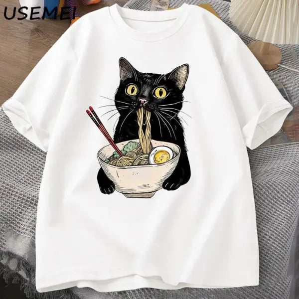 Noodle Ramen Cat T-Shirt Foodie Lover T Shirts Black Cat Noodle T-Shirts Retro Casual Short Sleeve Tshirt for Men Women