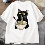 Noodle Ramen Cat T-Shirt Foodie Lover T Shirts Black Cat Noodle T-Shirts Retro Casual Short Sleeve Tshirt for Men Women