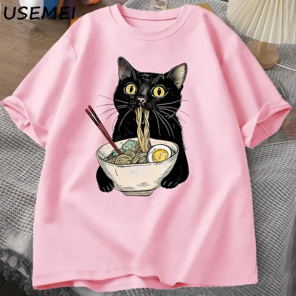 Noodle Ramen Cat T-Shirt Foodie Lover T Shirts Black Cat Noodle T-Shirts Retro Casual Short Sleeve Tshirt for Men Women