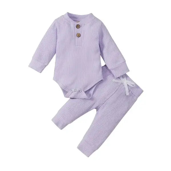 Nvgtn Seamless Pro Spandex Shorts in Lavender Ribbed Cotton Bodysuit and Pants Set with Decorative Buttons