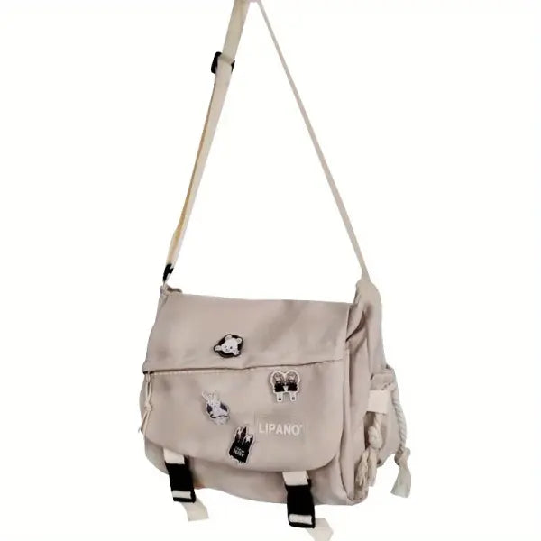 Nylon Messenger Bag Men Solid College Daily Use - Beige Badge