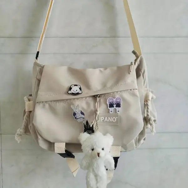 Nylon Messenger Bag Men Solid College Daily Use - Beige Badge Bear