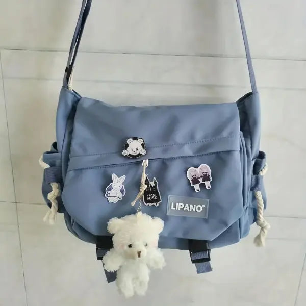 Nylon Messenger Bag Men Solid College Daily Use - Blue Badge Bear