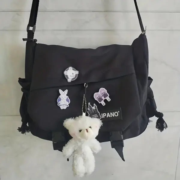 Nylon Messenger Bag Men Solid College Daily Use - Black Badge Bear