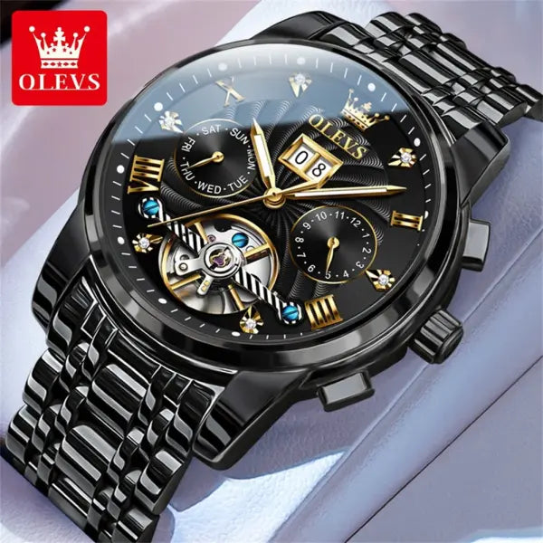 Complete Calendar Stainless Steel Men Automatic Watch - black