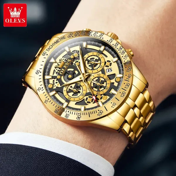 Stainless steel gold skeleton watch with luminous hands for men