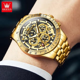 Stainless steel gold skeleton watch with luminous hands for men