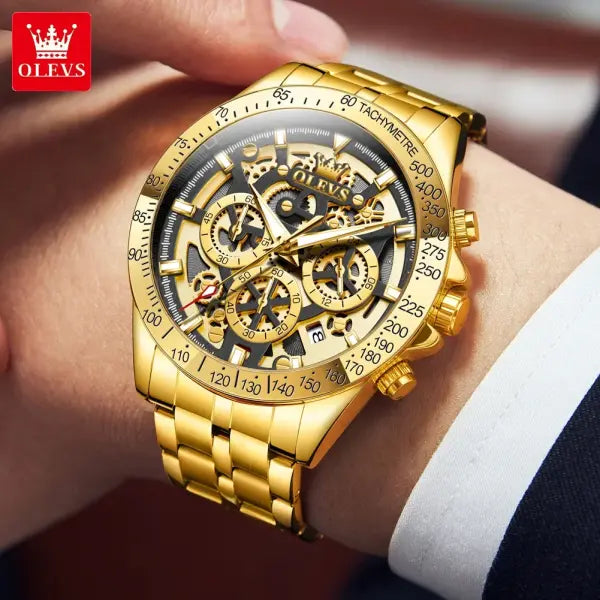 Stainless steel gold skeleton watch with luminous hands for men