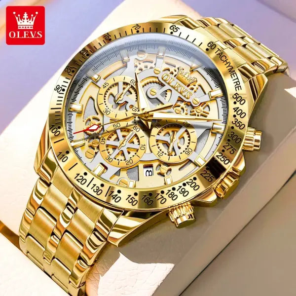 Stainless steel gold skeleton watch with luminous hands for men - Silver / spain