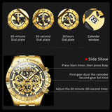 Stainless steel gold skeleton watch with luminous hands for men